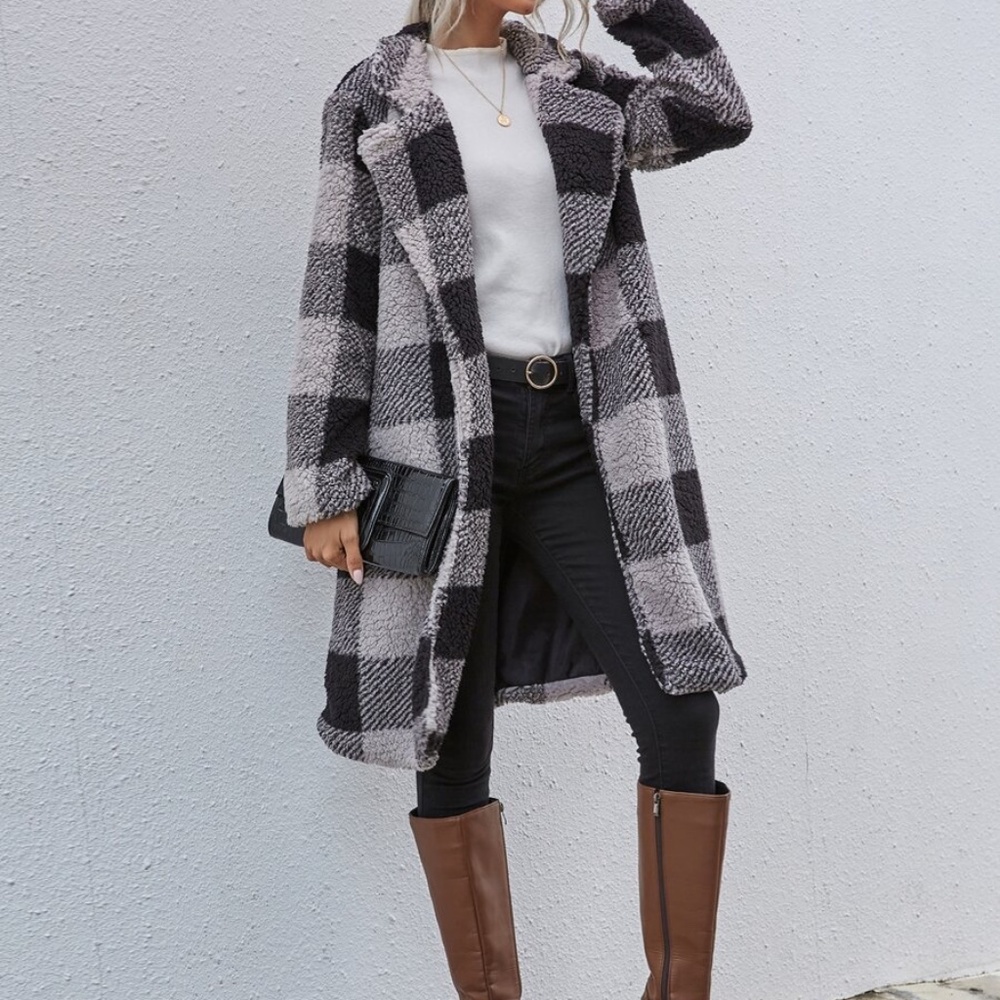 buffalo plaid black grey teddy trench coat jacket - Picture 7 of 7